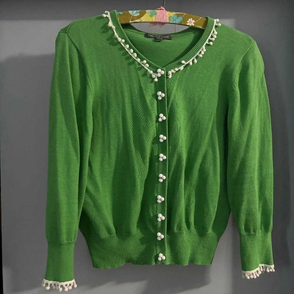 Green Pom Pom Accent Cardigan - Picture 1 of 6